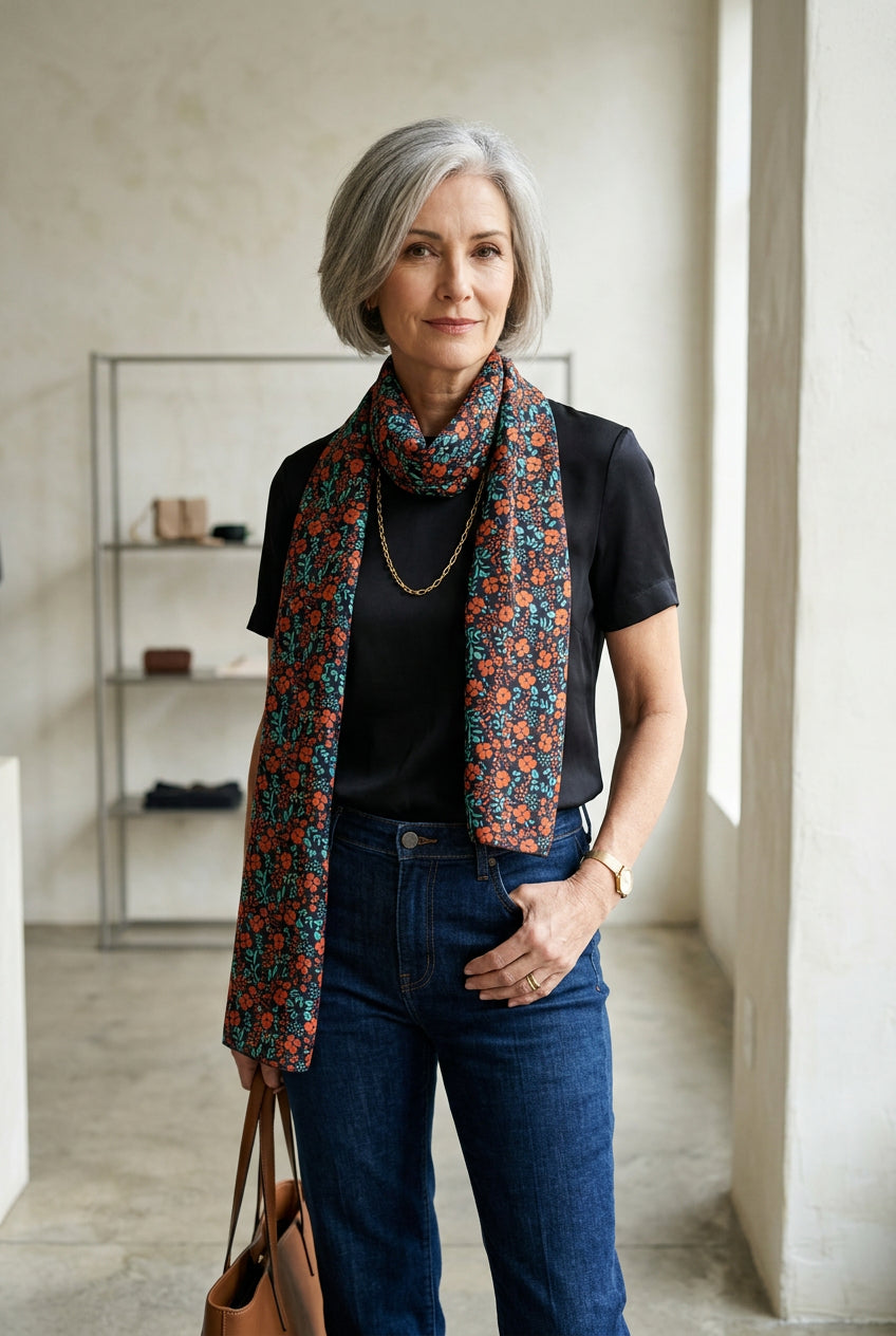 Foulard long en soie, fleuri rouge et turquoise sur fond noir