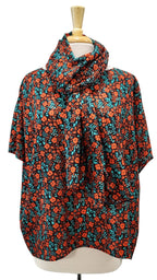 Tunique en soie, fleuri rouge et turquoise sur fond noir