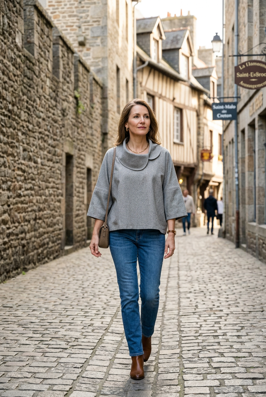 Pèlerine, veste pour femme en mélange de coton et laine