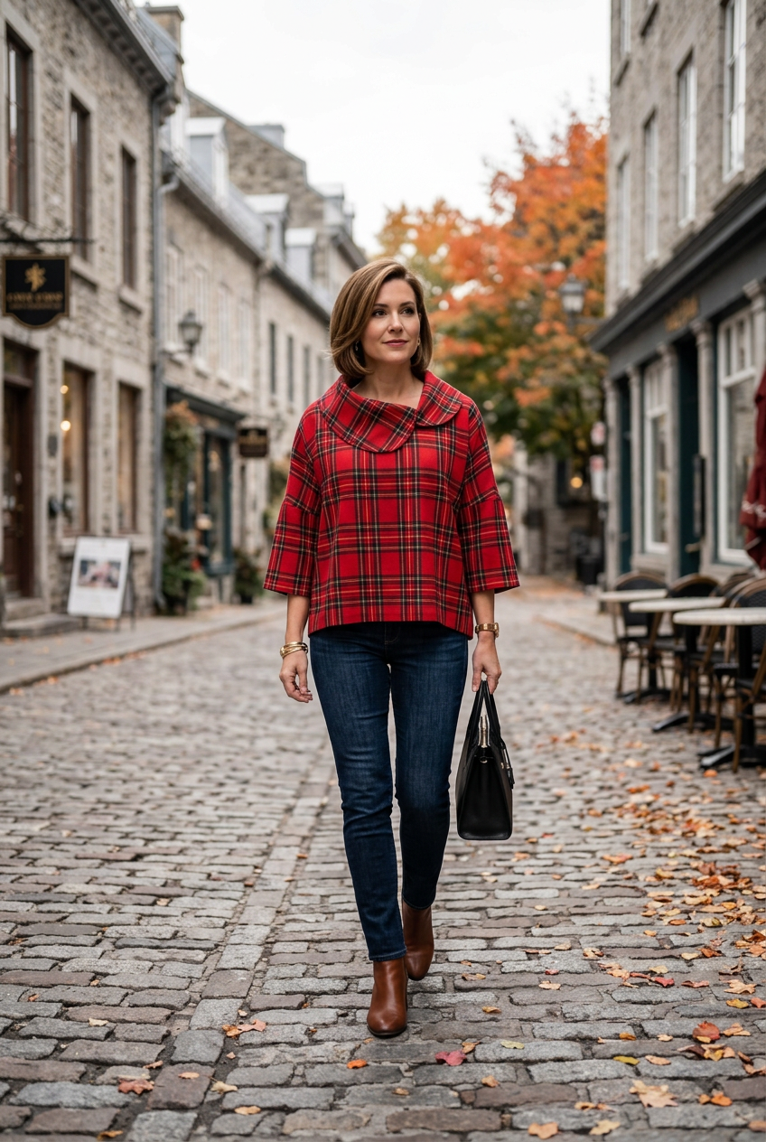 Pèlerine, veste pour femme en pure laine rouge à carreaux