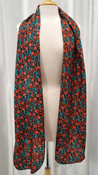 Foulard long en soie, fleuri rouge et turquoise sur fond noir