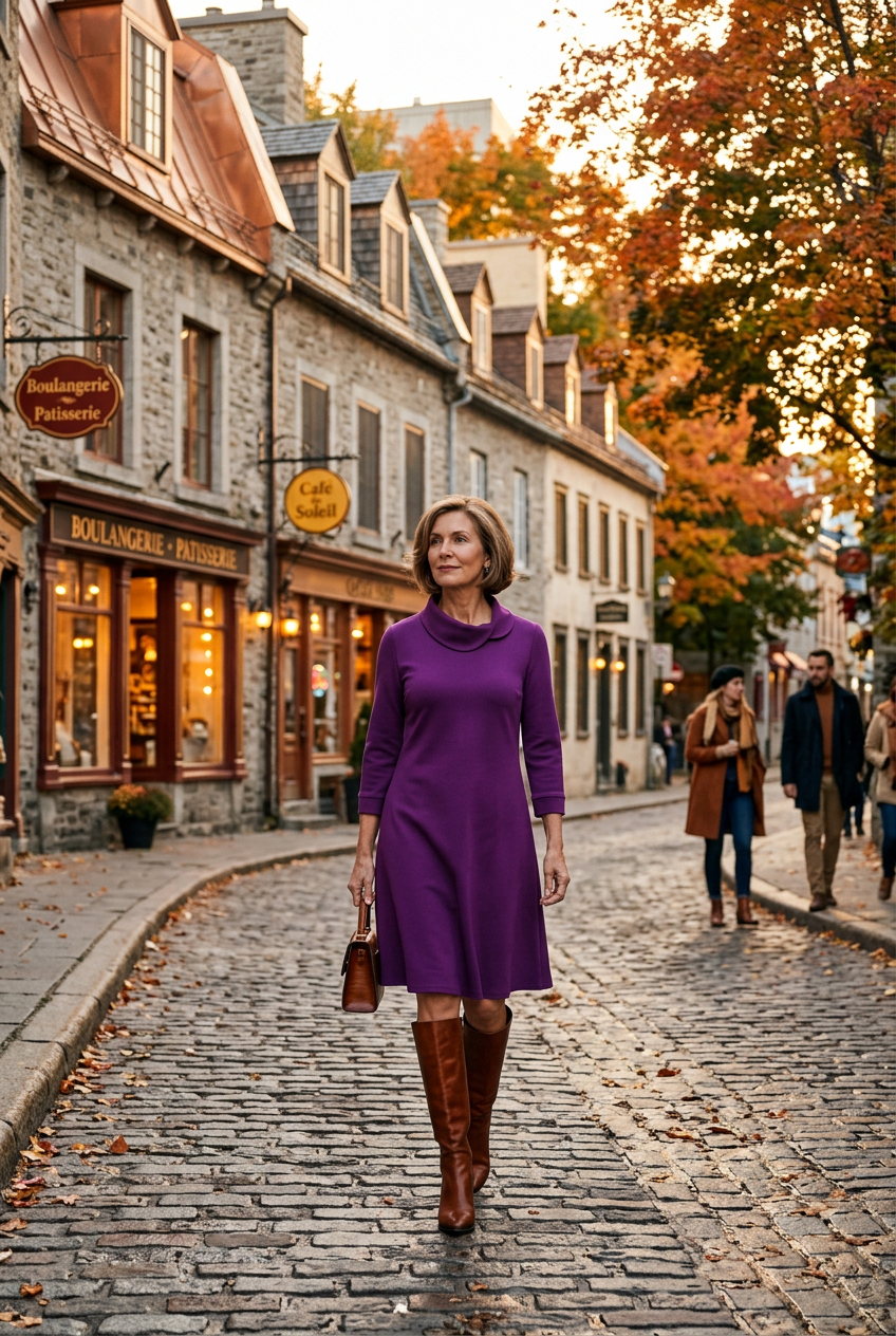Robe Christine à manches trois-quarts, couleur magenta