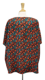 Tunique en soie, fleuri rouge et turquoise sur fond noir