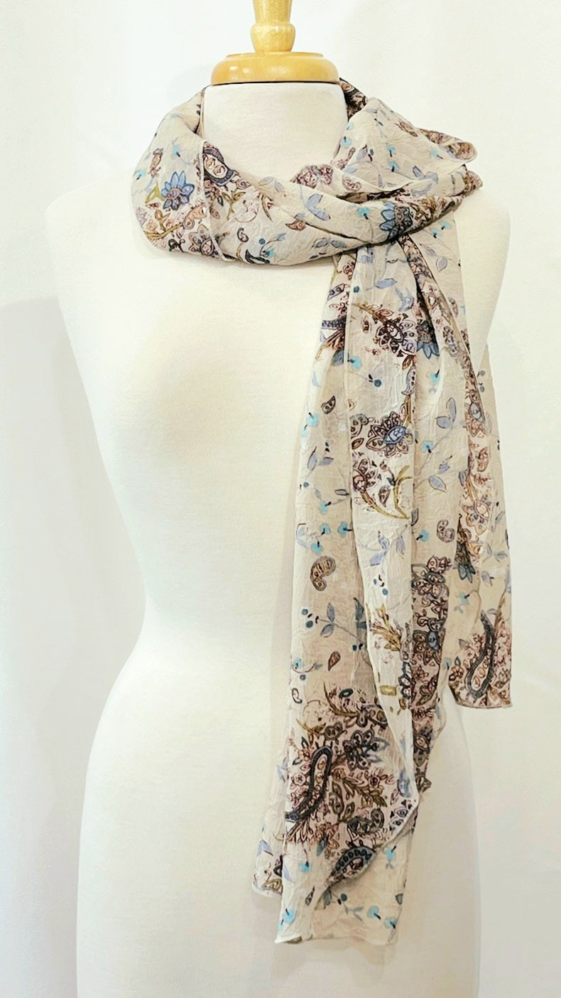 Long and lightweight paisley and floral scarf