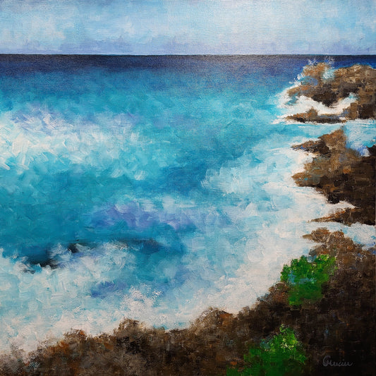 "Entre roc et azur" tableau 24 x 24 à l'acrylique