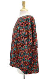 Tunique en soie, fleuri rouge et turquoise sur fond noir