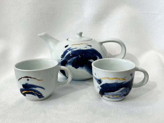 Ensemble théière et tasses bleu et or 23K - Pauline Pelletier