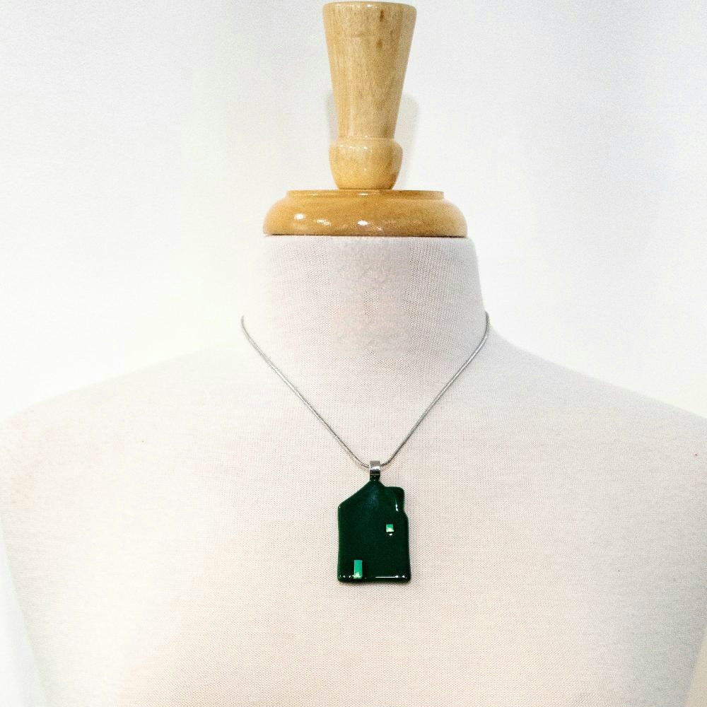 Forest green fused glass house-shaped necklace - Laparé jewelry.