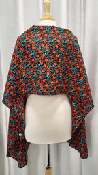 Foulard long en soie, fleuri rouge et turquoise sur fond noir