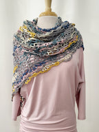 MPA - Crocheted triangular shawl, gray, blue, pink and yellow.