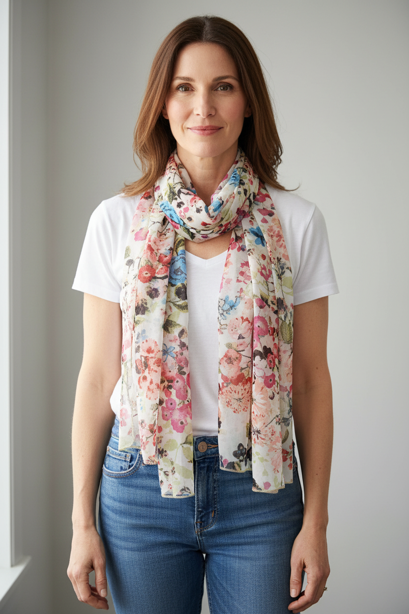 Large floral print chiffon scarf.
