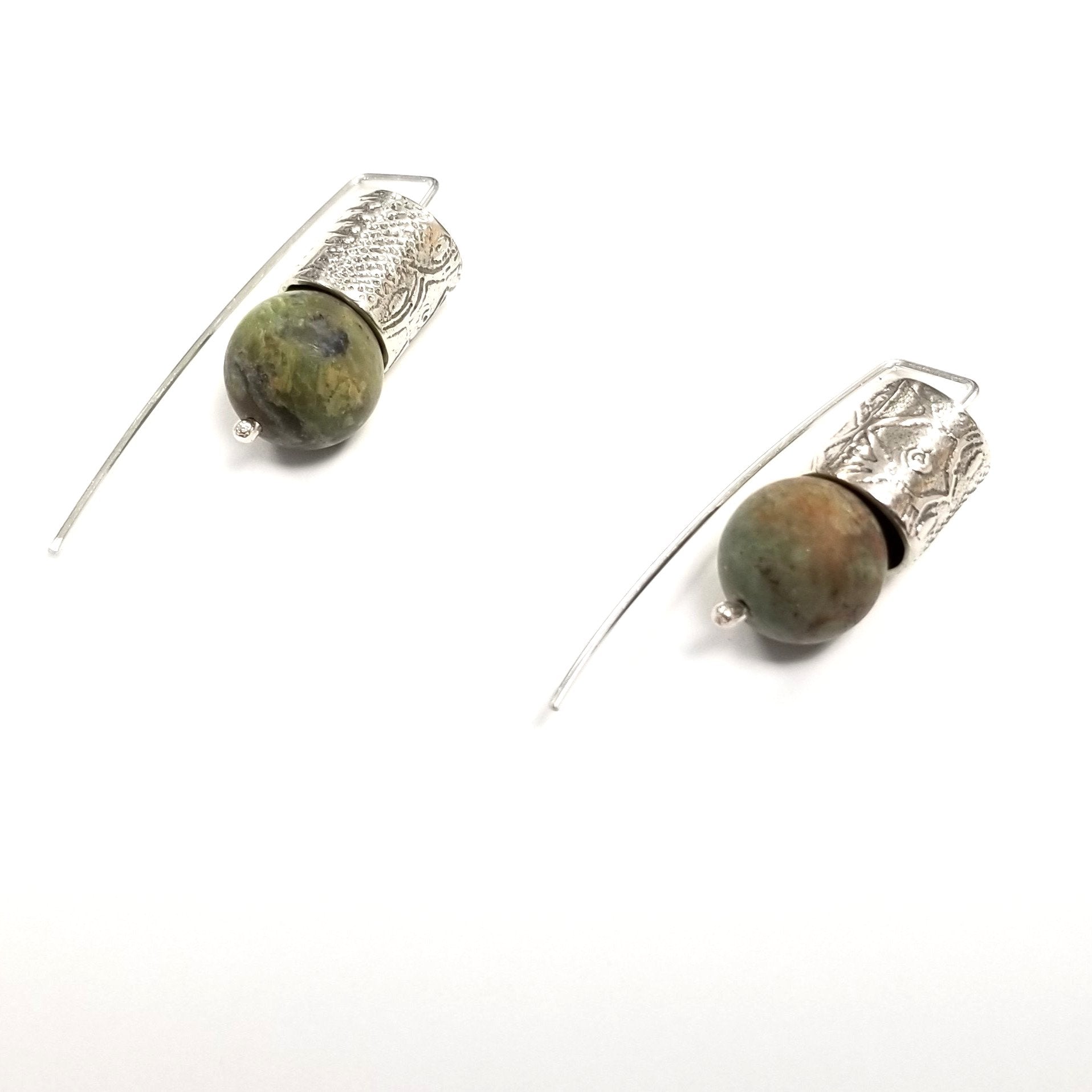 Boucles d'oreilles en argent et jaspe vert et ocre. - Christine Mercier atelier-boutique