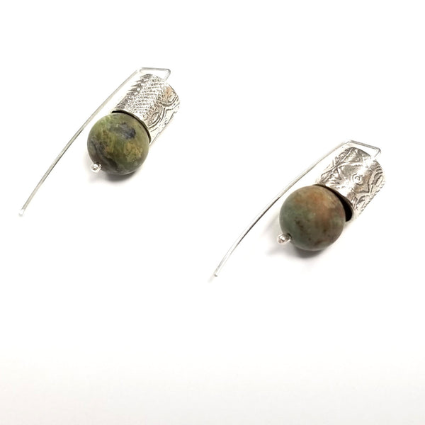Boucles d'oreilles en argent et jaspe vert et ocre. - Christine Mercier atelier-boutique