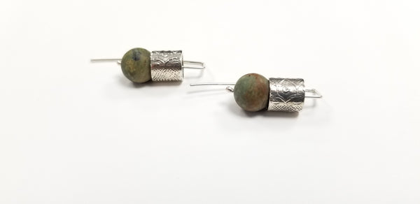 Boucles d'oreilles en argent et jaspe vert et ocre. - Christine Mercier atelier-boutique