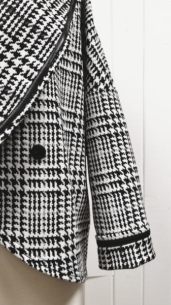 Veste polyvalente à grand motif ''prince-de-galles''et liséré de cuir. - Christine Mercier atelier-boutique