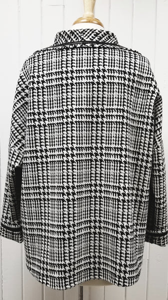 Veste polyvalente à grand motif ''prince-de-galles''et liséré de cuir. - Christine Mercier atelier-boutique