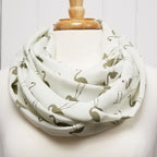 Foulard circulaire écru à motif flamant kaki. - Christine Mercier atelier-boutique