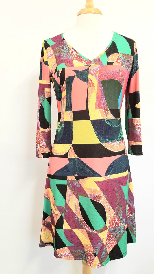 Robe originale de designer québécois, imprimé multicolore