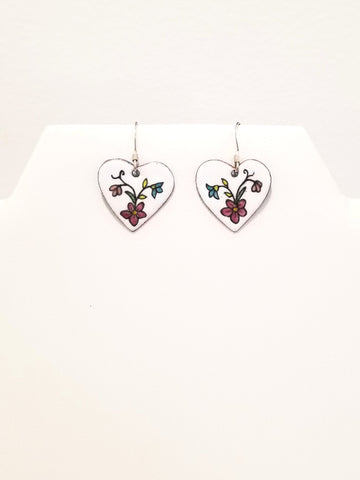 Boucles d'oreilles en coeur à fleur rose en émail sur cuivre, collection Flora