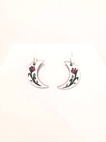 Boucles d'oreilles croissant de lune à fleur rose en émail sur cuivre, collection Flora