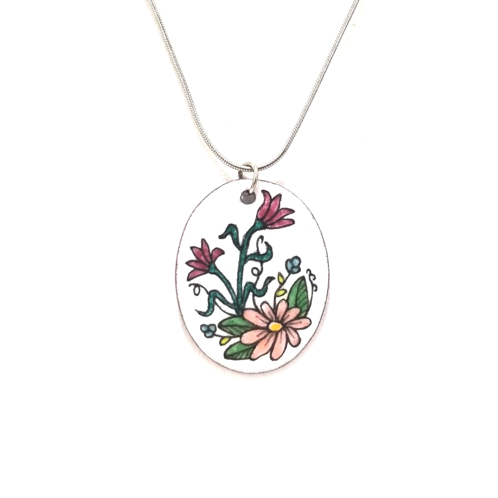 Collier à fleurs roses en émail sur cuivre, collection Flora