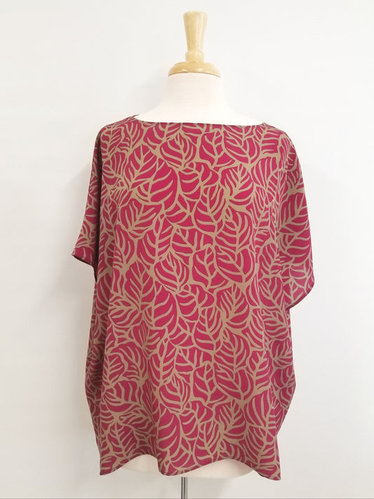 Loose and flowing tunic, magenta and beige foliage print.