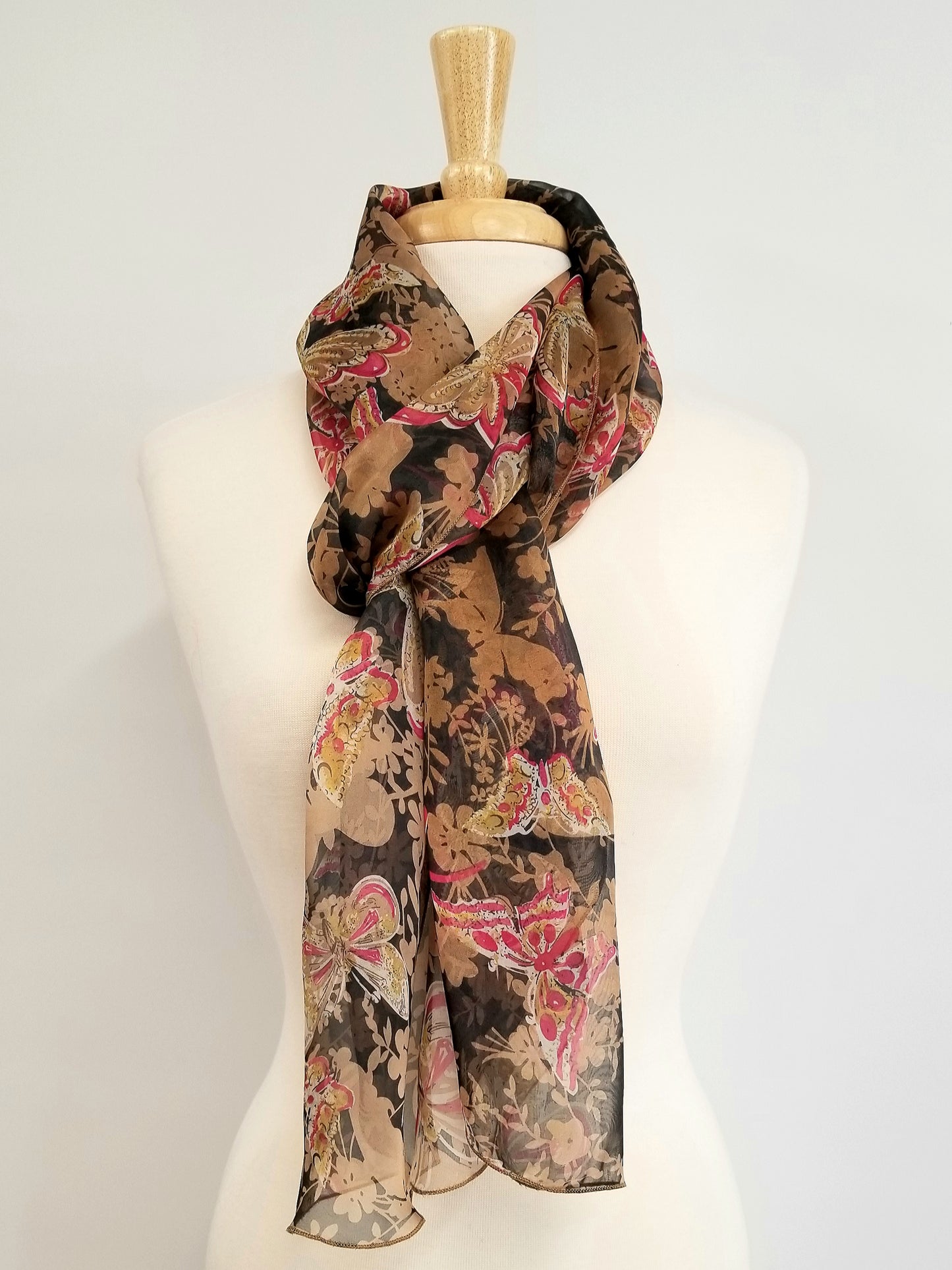 Foulard long en soie, imprimé fleurs et papillons