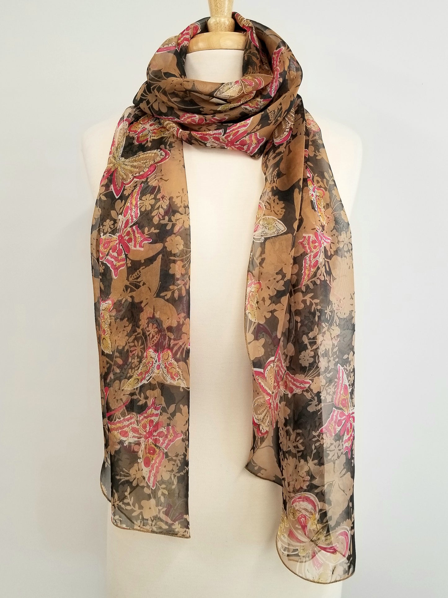Foulard long en soie, imprimé fleurs et papillons