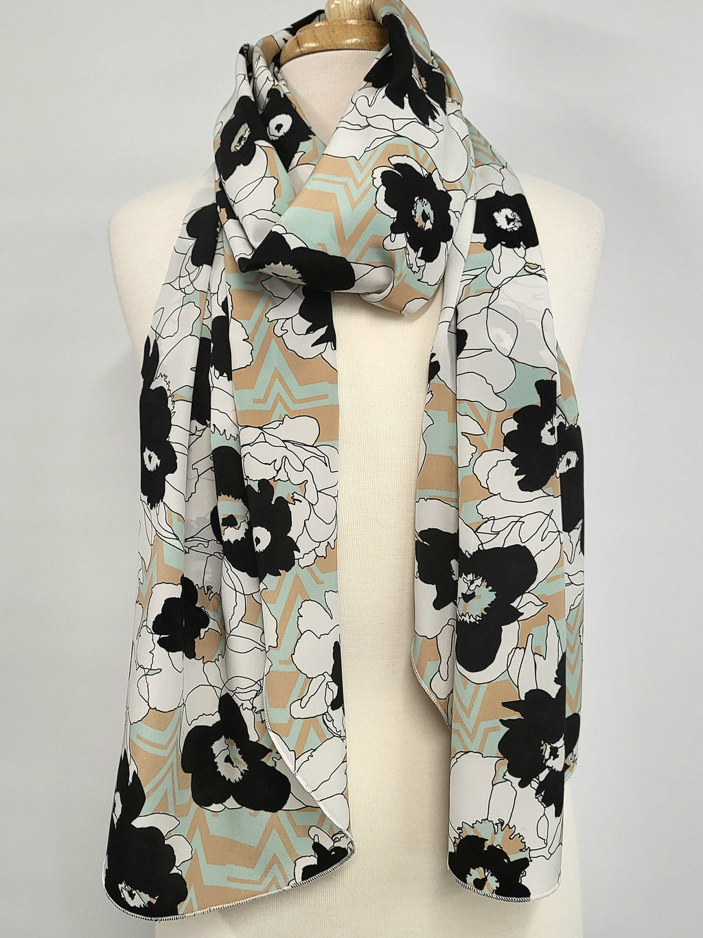 Long silk scarf, floral and chevron print