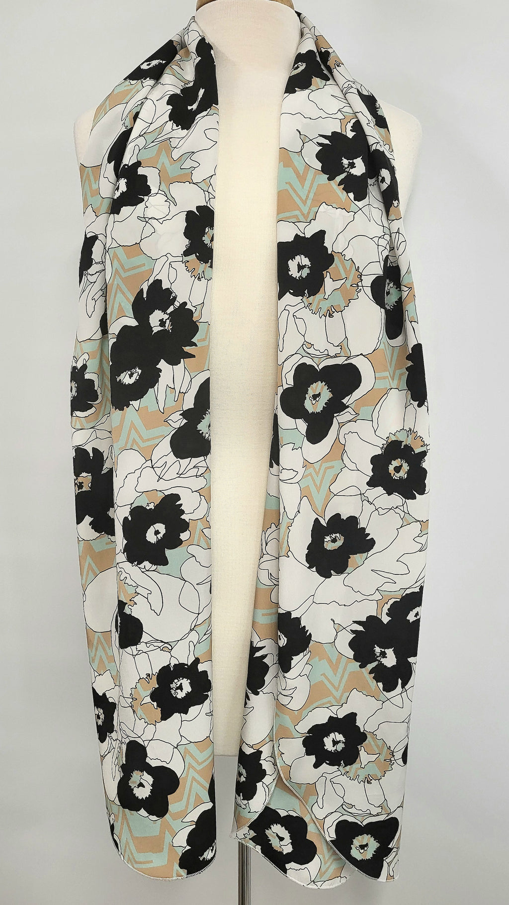 Long silk scarf, floral and chevron print